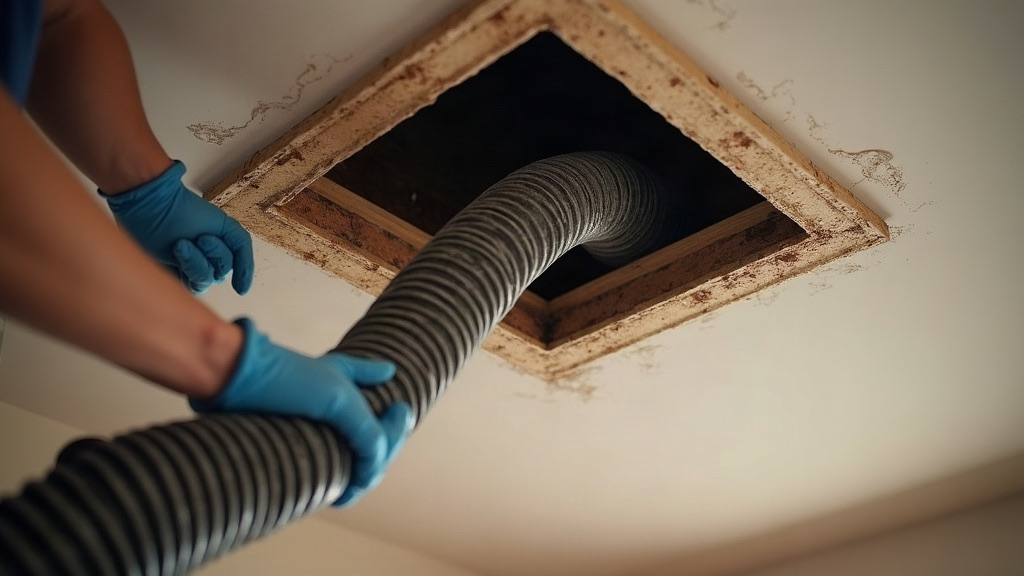 Professional air duct cleaning with a vacuum hose at a ceiling vent in a Tampa, FL home