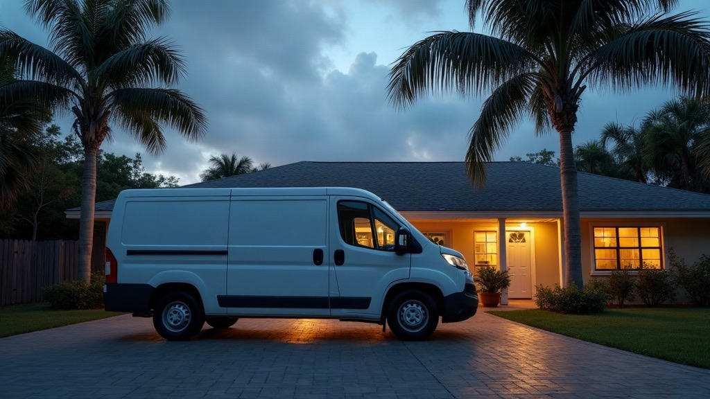 HVAC service van at a Tampa, Florida home at dusk for an emergency AC repair call