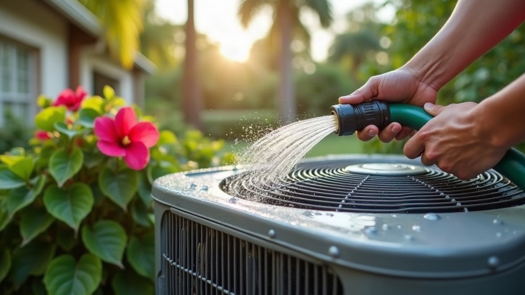 Homeowner rinsing an outdoor AC condenser coil with a garden hose in a Tampa, FL backyard