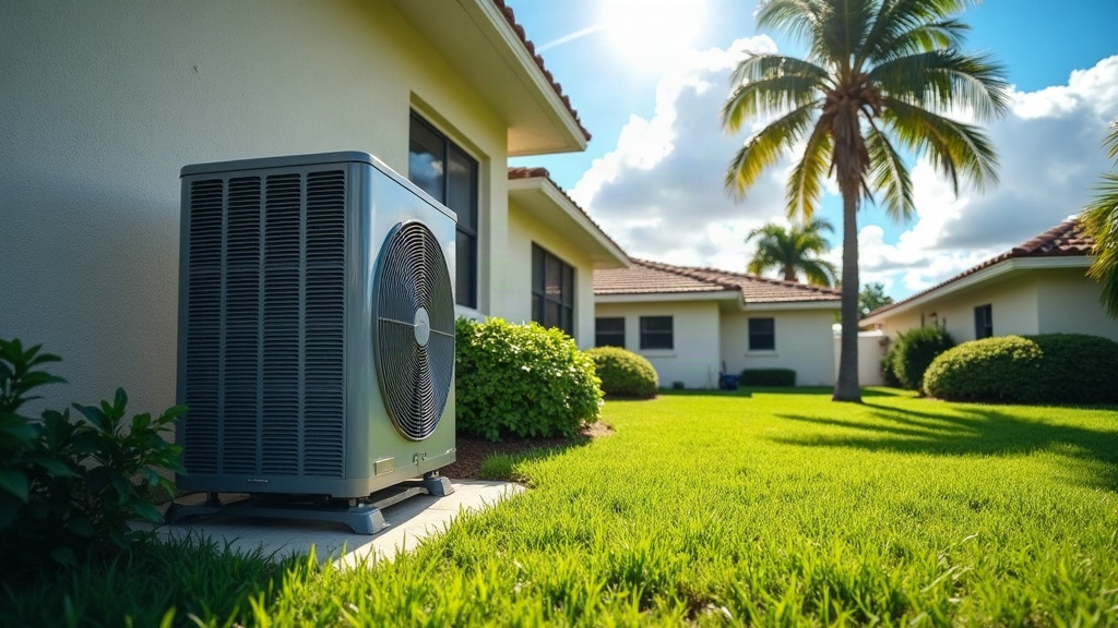 Central air conditioner condenser beside a Tampa, Florida home with palm trees in summer heat