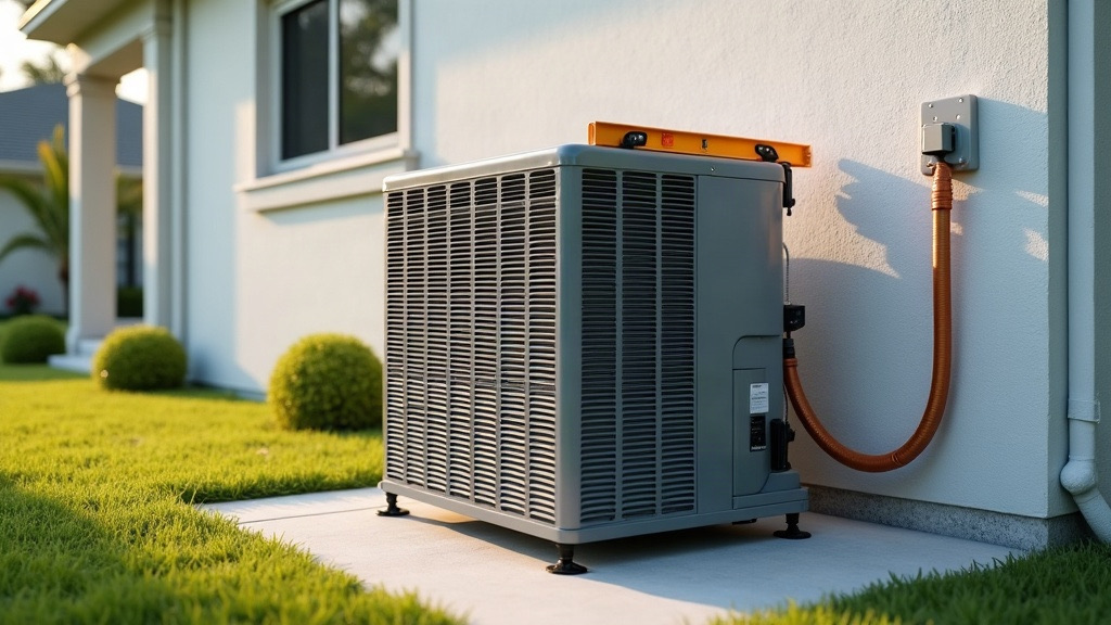 New AC condenser installed on a concrete pad outside a Tampa, FL home