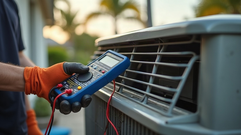 HVAC technician servicing an outdoor AC condenser at a single-family home in Brandon, Florida